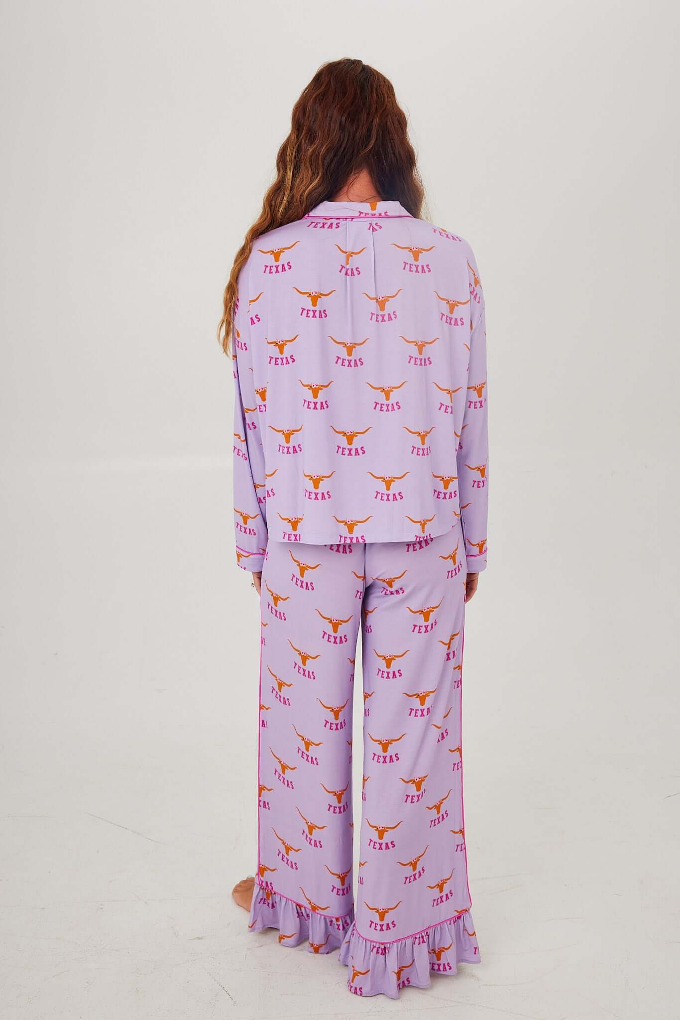Texas Longhorn Lounger Game day Pajamas with colorful Texas print, perfect for game day lounging.