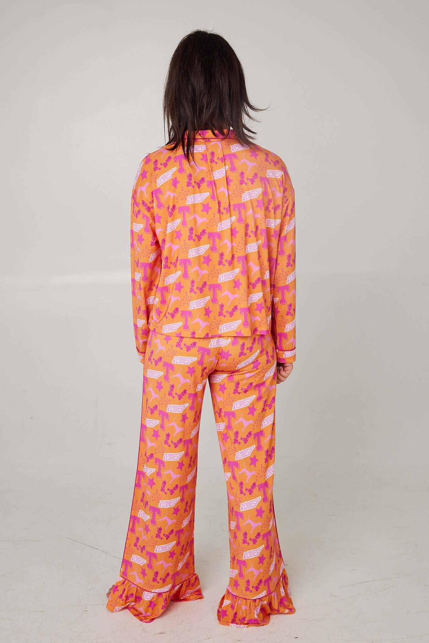 Tennessee Tranquility Time Gameday Pajamas in vibrant pink and orange pattern, perfect for lounging and cheering on your team.