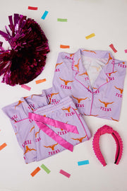 Texas Longhorn Lounger Game day Pajamas in purple with Texas print, perfect for game day lounging.