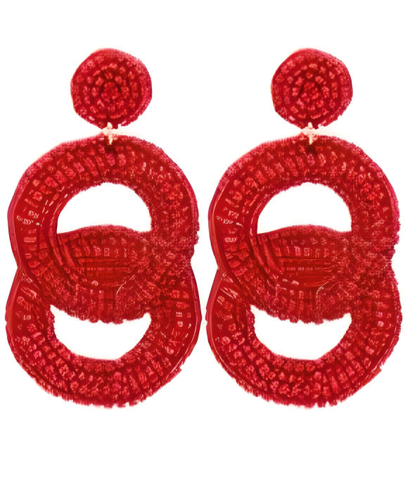 Beaded Circle Link Earrings - Red