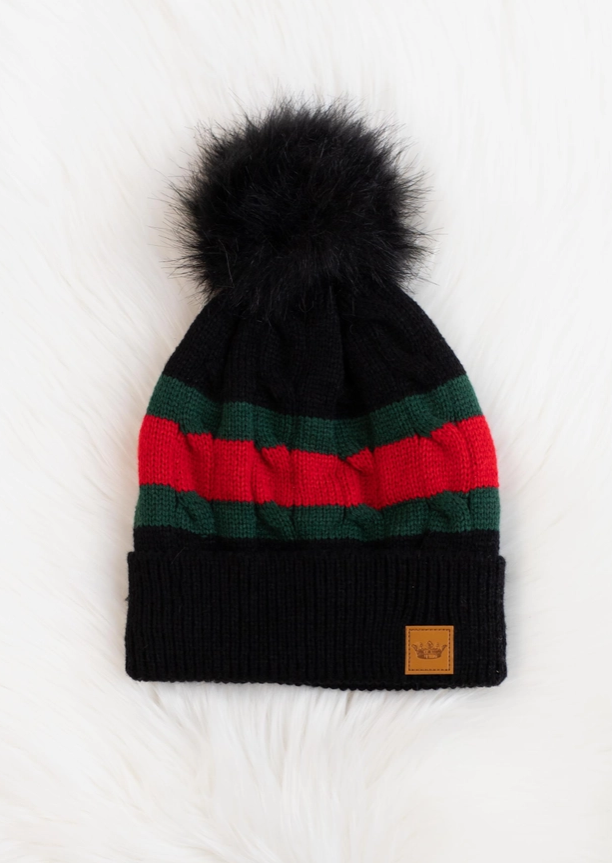 Black with Green & Red Stripe Pom Hat