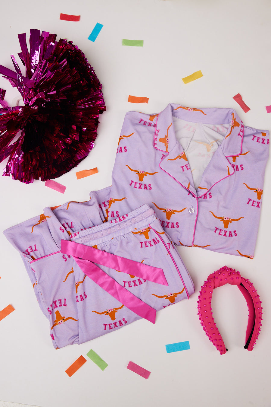 Texas Longhorn Lounger Game day Pajamas in purple with Texas print, perfect for game day lounging.
