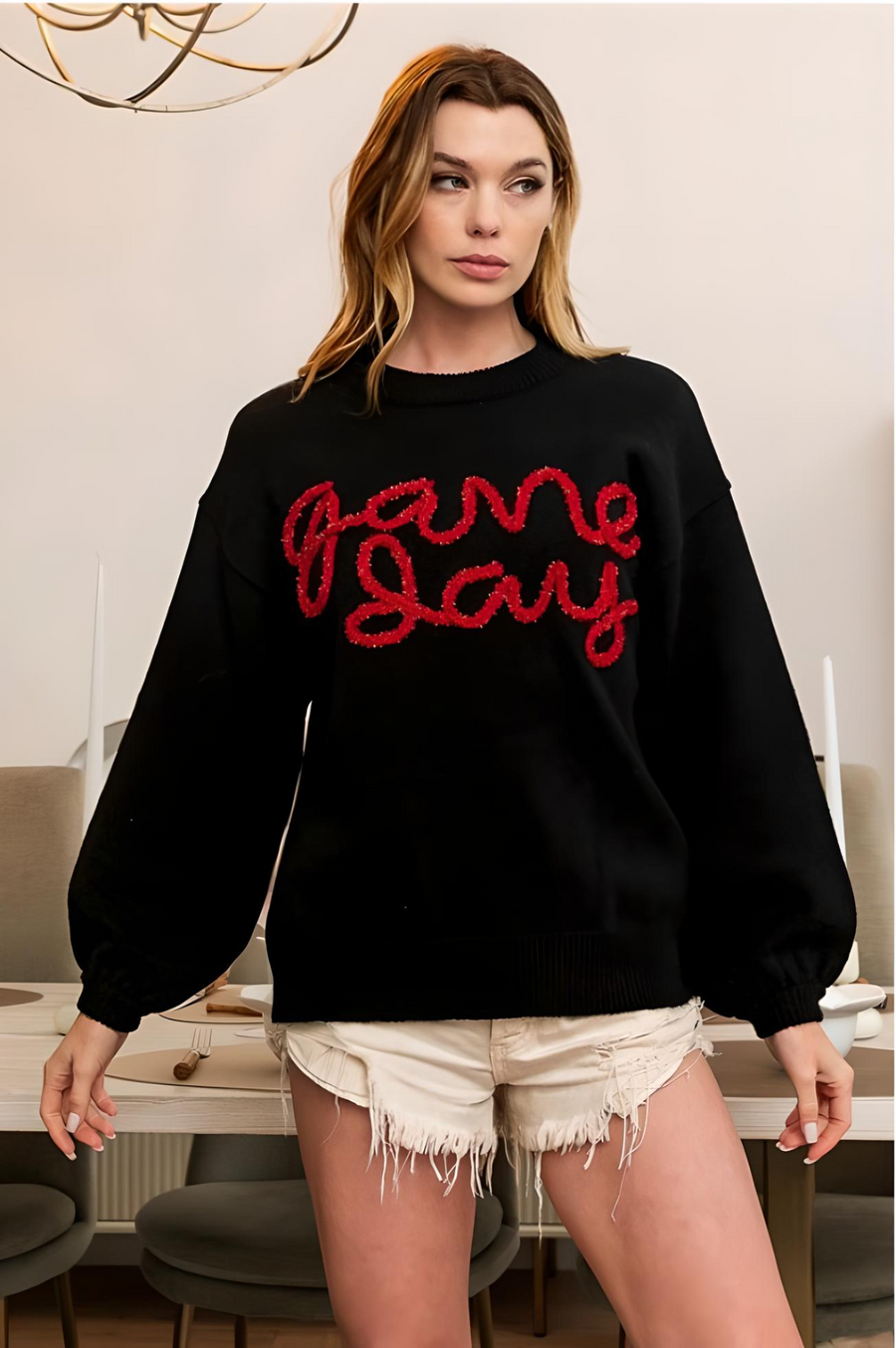 Game Day Metallic Letter Sweater